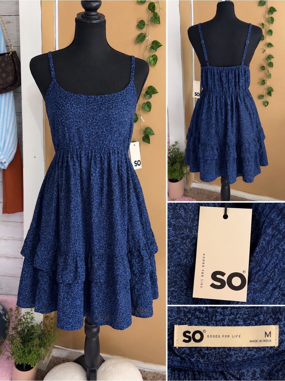 SO Goods for Life Blue Tiered Mini Dress M NWT
